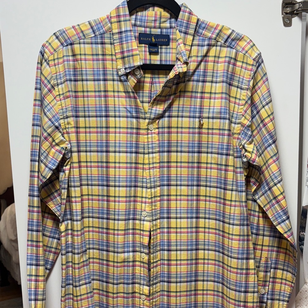 Ralph Lauren Yellow Plaid Button-Down Shirt with Blue & Red Stripes